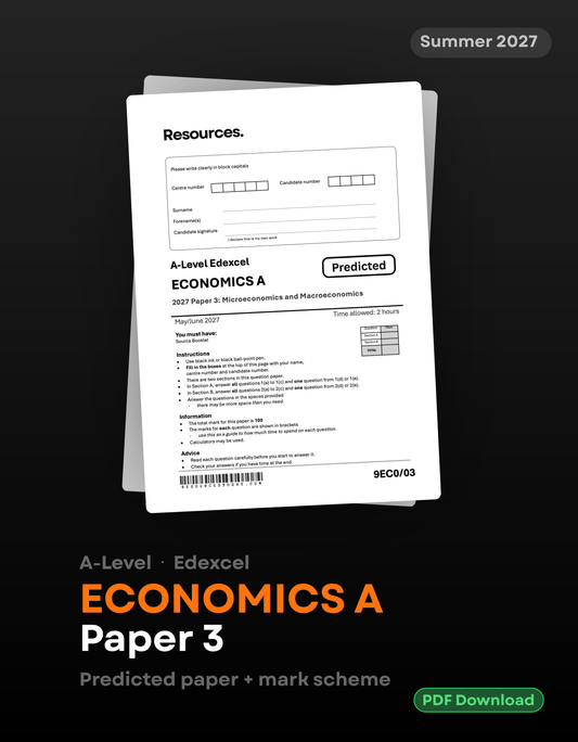 Edexcel A-Level Economics A Paper 3 predicted paper for 2027, covering Microeconomics and Macroeconomics (9EC0/03), with mark scheme and PDF download from Resources Today.