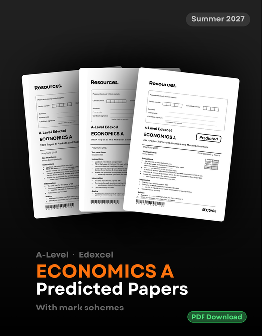 Edexcel A-Level Economics A 2027 predicted papers bundle featuring Papers 1, 2 and 3 with mark schemes and downloadable PDFs from Resources Today.