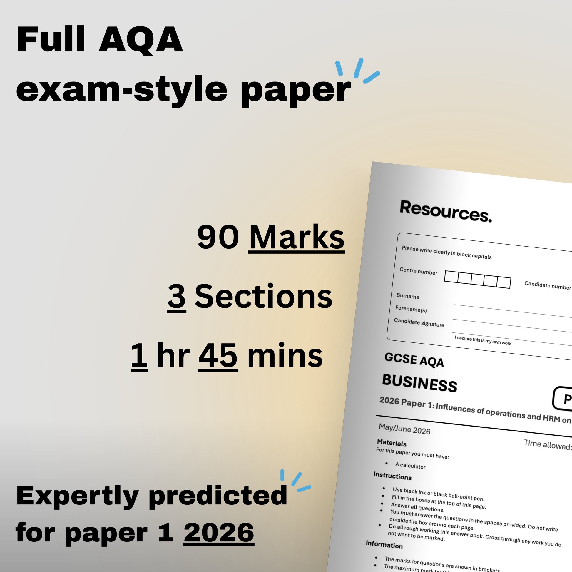 GCSE business AQA 2026 predicted paper  1 with full exam-style mark scheme 90 marks, 3 sections 1 hour 45 minutes