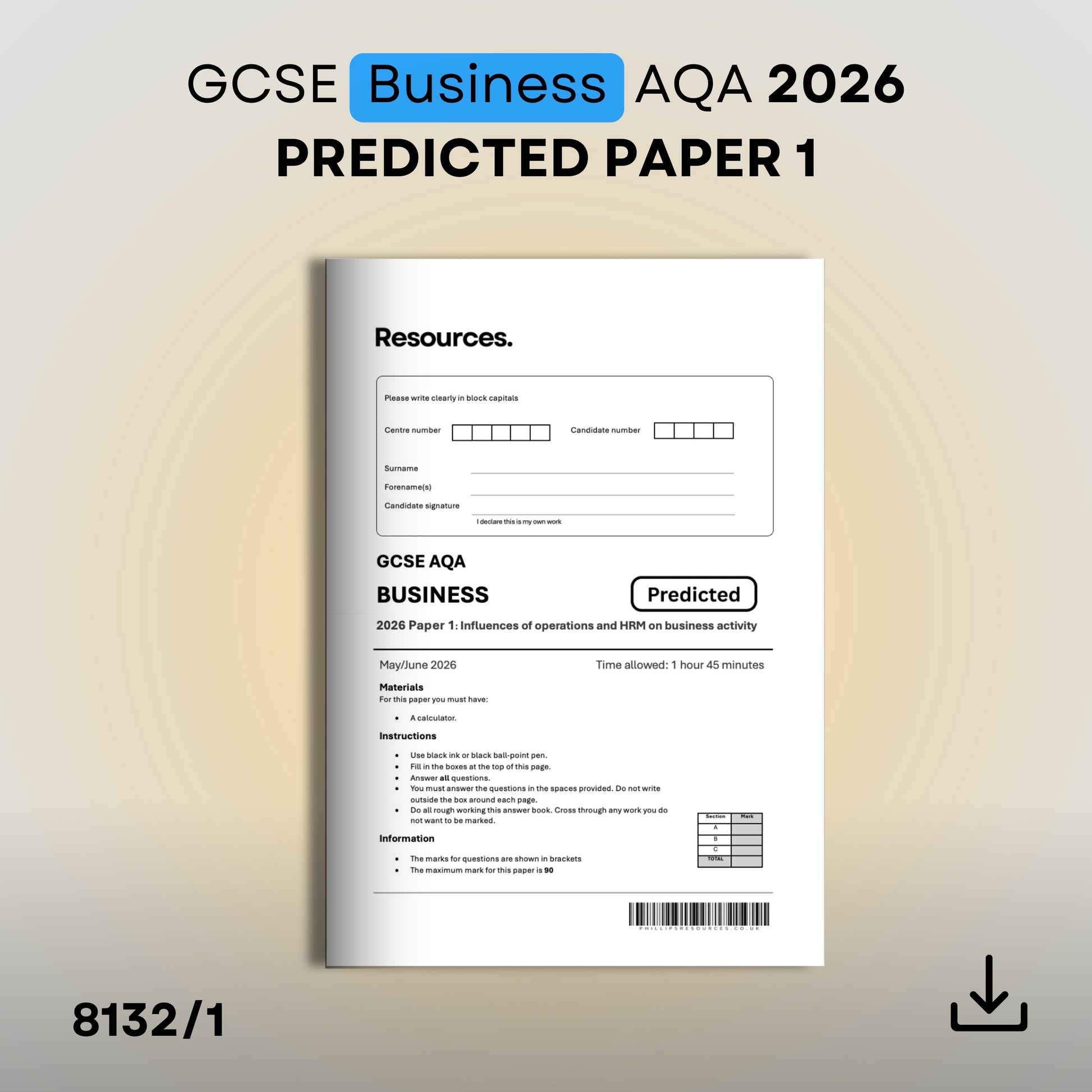 GCSE Business AQA 2026 Predicted Paper 1 with full exam-style mark scheme 