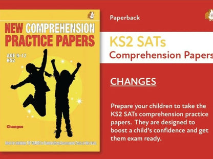 Book cover of 'New Comprehension Practice Papers' for KS2 SATs with children jumping illustration on yellow and red background.